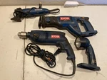 Ryobi Tool Lot: 18V Reciprocating Saw, Work Light, Corded Hammer Drill & Sander. Fixed Price $44.99.