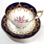 Aynsley 2146 Scalloped Teacup Saucer Cobalt Blue Pink Cabbage Rose Gold Filigree. Fixed Price $88.97.