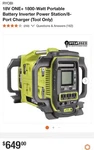 Ryobi 18V One+ 1800-WATT Portable Battery Inverter 8-PORT Charger (tool Only). Fixed Price $525.99.