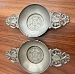 Set 2 Antique Fein Zinn German Pewter Flowered Bowl With Handles Porringer Angel. Fixed Price $80.99.